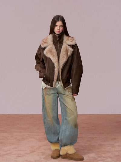 Loose-fitting Faux Two-Piece Fur Collar Jacket VIA0353