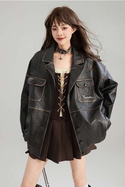 Black Leather Handsome Silhouette Jacket KEI0175