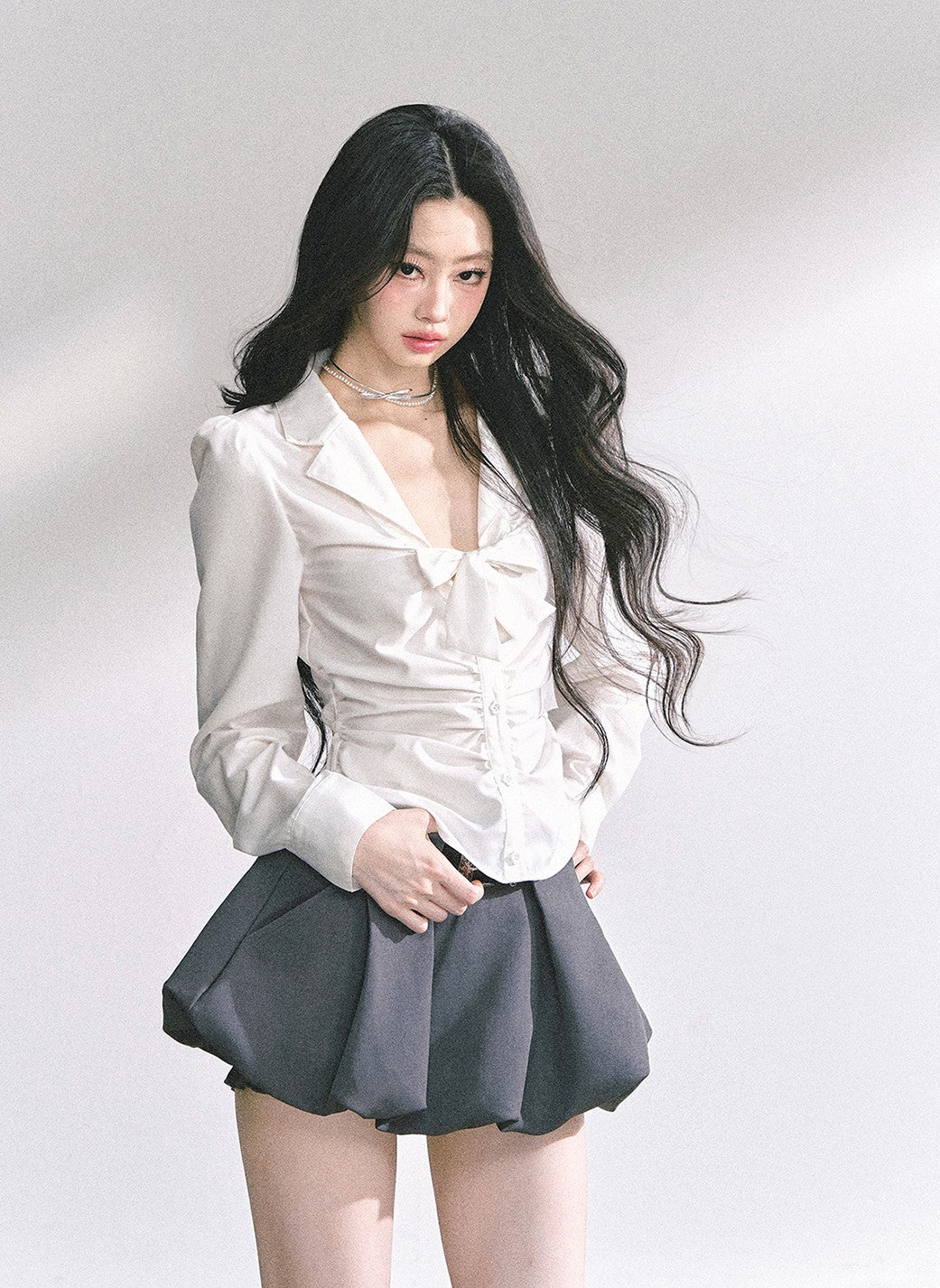 Bow Pleated Slim Shirt DIA0537