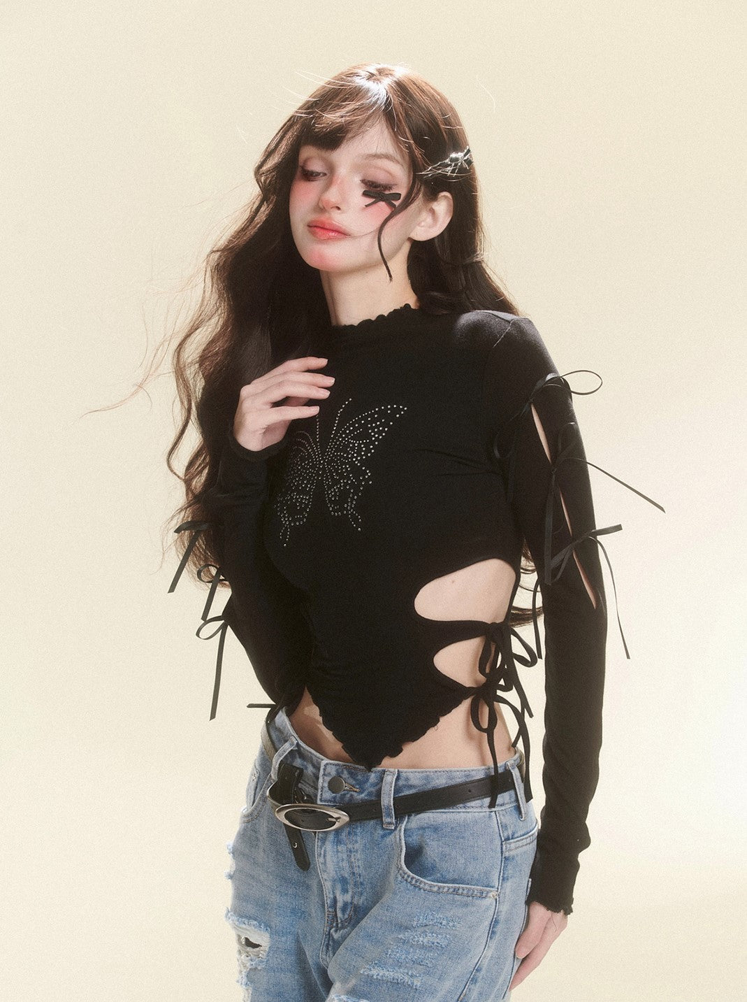 Butterfly Design Black Long-sleeved T-shirt DIA0102