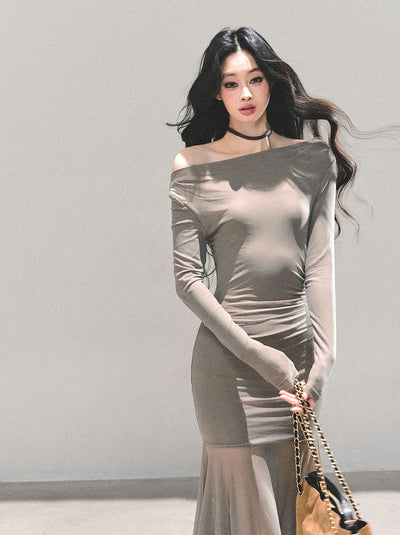 Off-shoulder Slimming Sheer Dress DIA0697