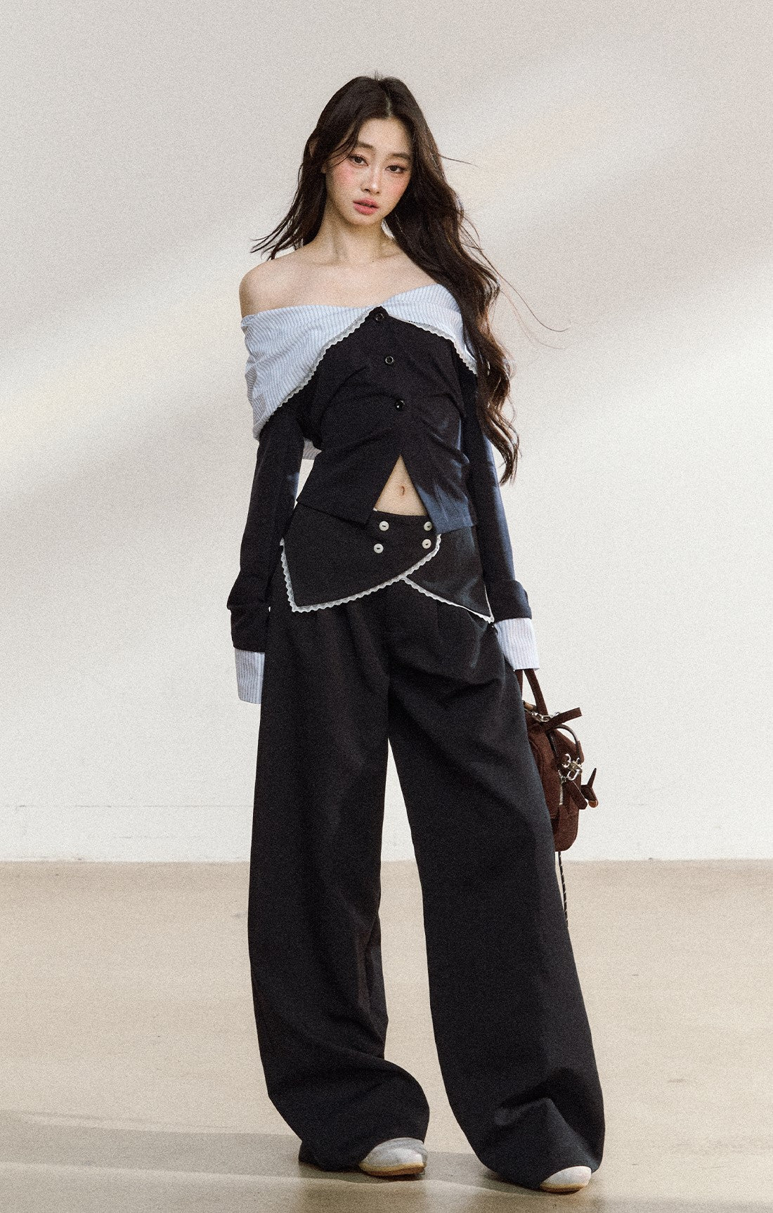Off Shoulder Splicing Lapel Top/Wide-leg Pants SHI0207