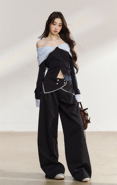 Off Shoulder Splicing Lapel Top/Wide-leg Pants SHI0207