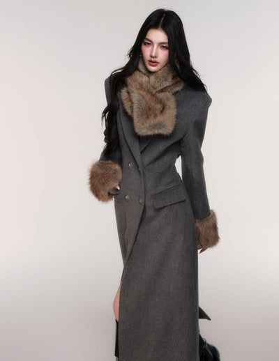 Grey Detachable Scarf Long Coat LUL0207