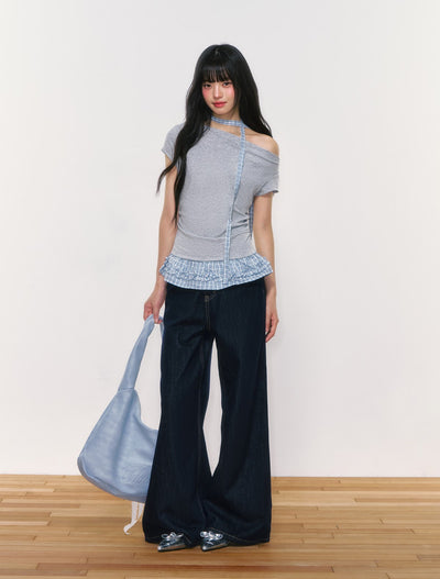 Plaid Ruffled Off-shoulder T-shirt WEE0053