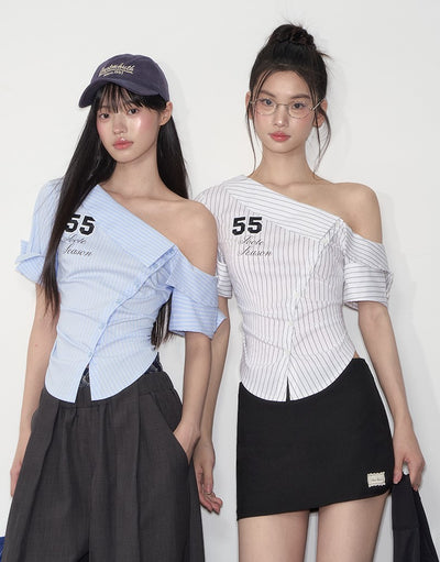 Casual Oblique Shoulder Striped Shirt SOO0012
