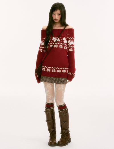 Red Nordic Design Off-Shoulder Sweater WEE0120