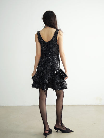 Small Fragrance Style Celebrity Sequins Destructive Tassel Ruffle Cake Dress JNY0190