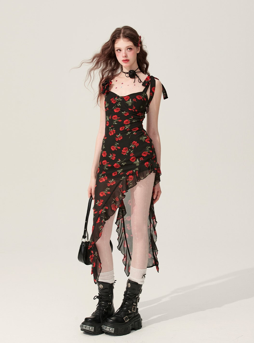 Black Amber Floral Ruffle Irregular Suspender Dress DIA0172