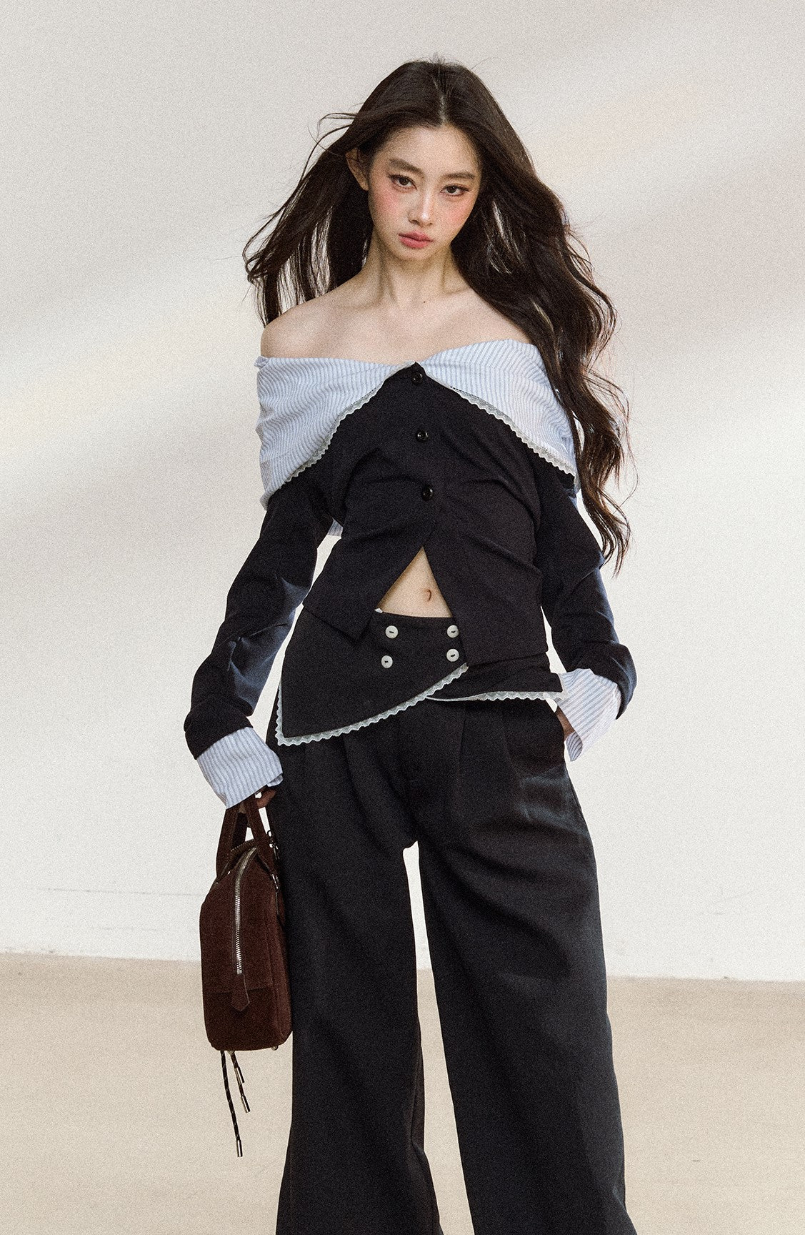 Off Shoulder Splicing Lapel Top/Wide-leg Pants SHI0207