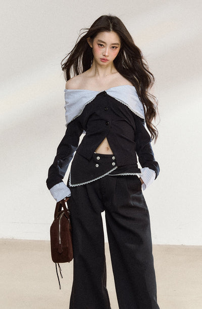 Off Shoulder Splicing Lapel Top/Wide-leg Pants SHI0207