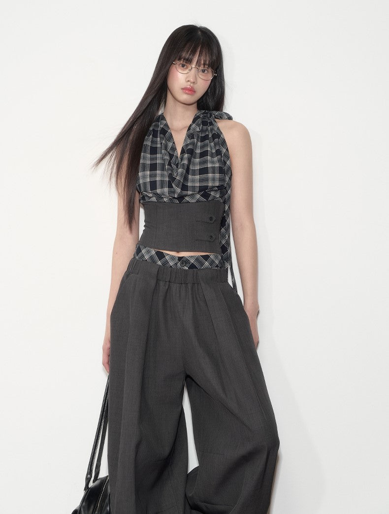 Plaid Halter Neck Top/Loose Suit Pants SOO0011