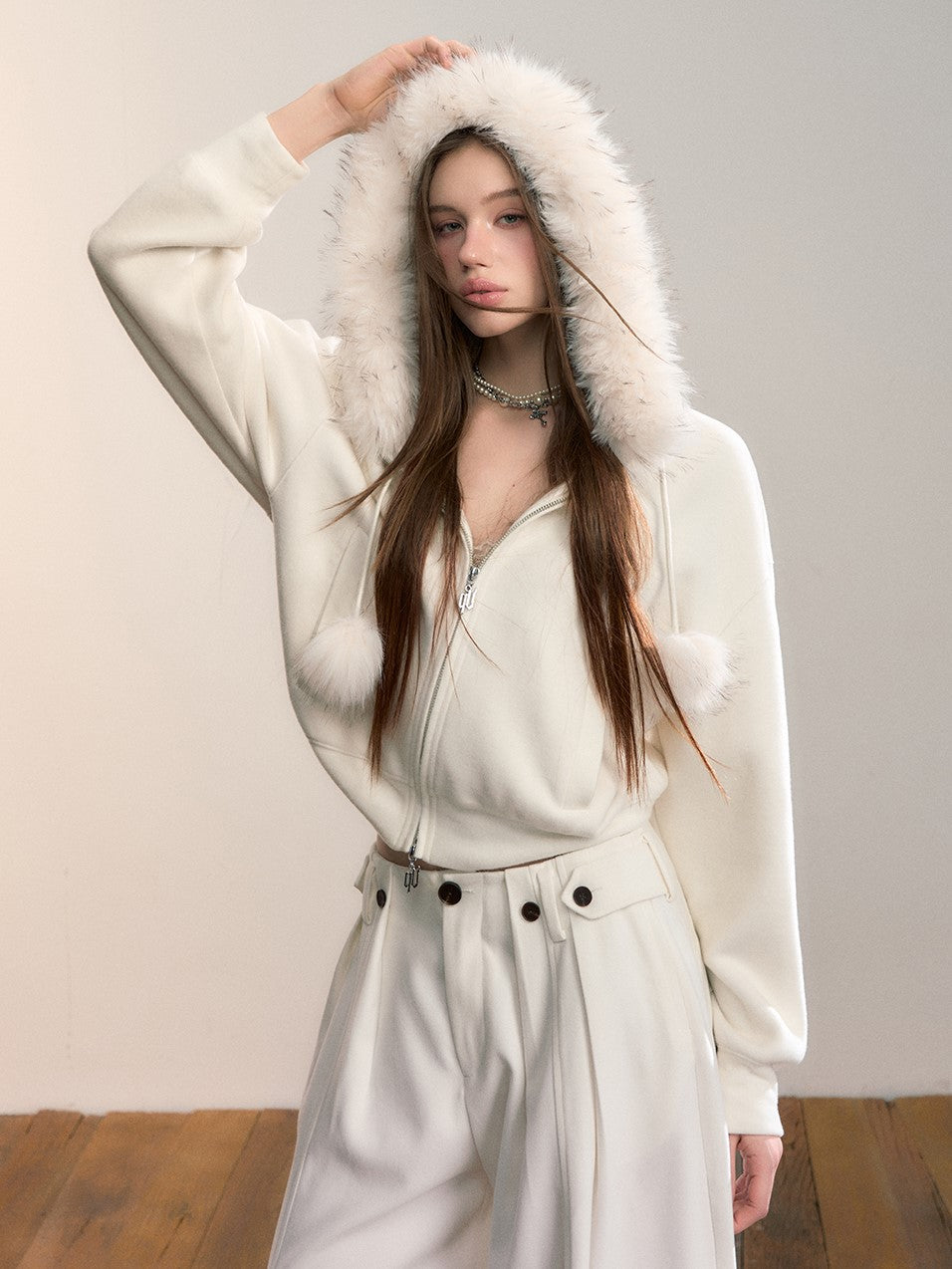 Fleece Pompon Fur Collar Sweatshirt Jacket VIA0355