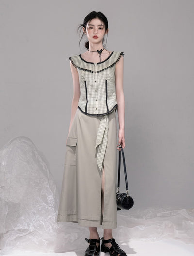 Blue Grey Slit Long Skirt COT0327
