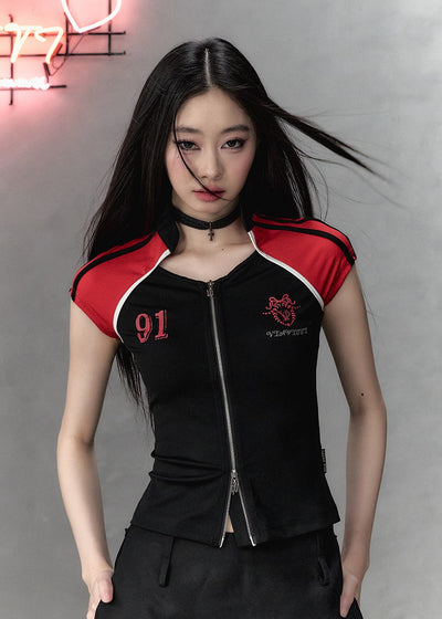 Casual Sports Contrast Color Zipper Waist Short-sleeved T-shirt VIA0131