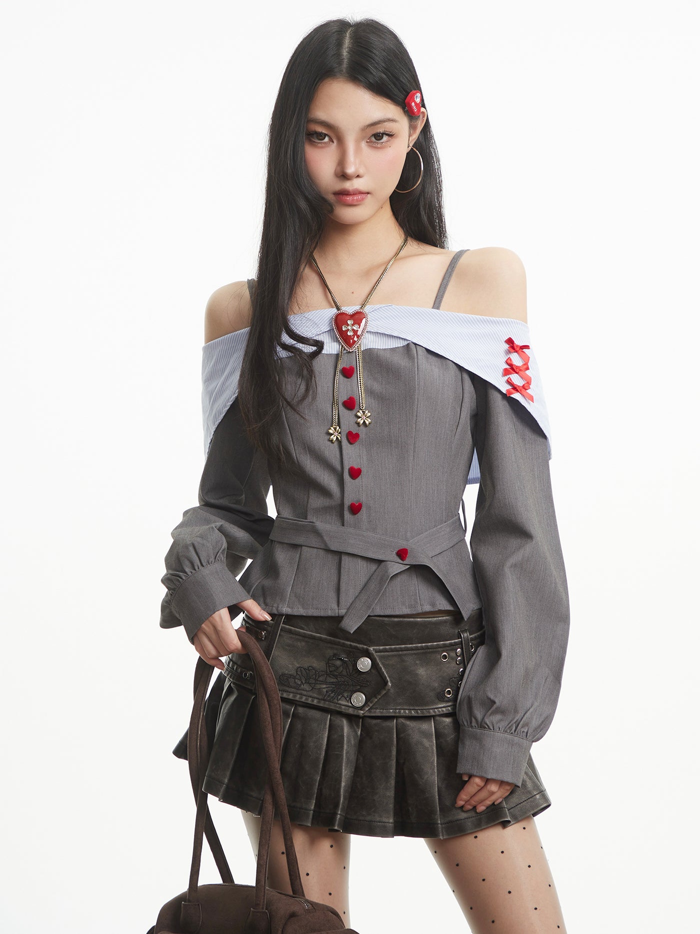 Off-Shoulder Heart Button Long-Sleeved Shirt UNC0318