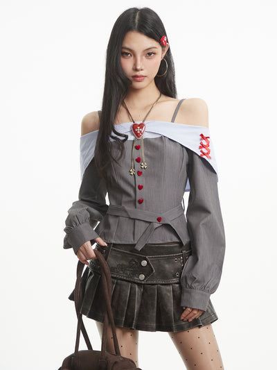 Off-Shoulder Heart Button Long-Sleeved Shirt UNC0318