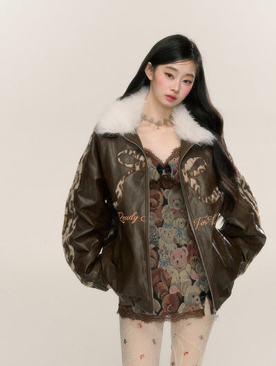 Fur Collar Loose Leopard Print Leather Jacket DIA0223