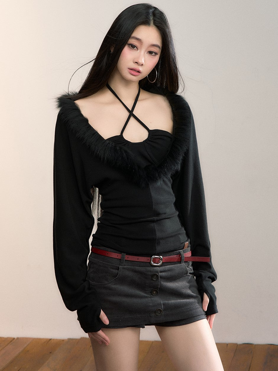 Faux Two-piece Fur Collar T-shirt VIA0359
