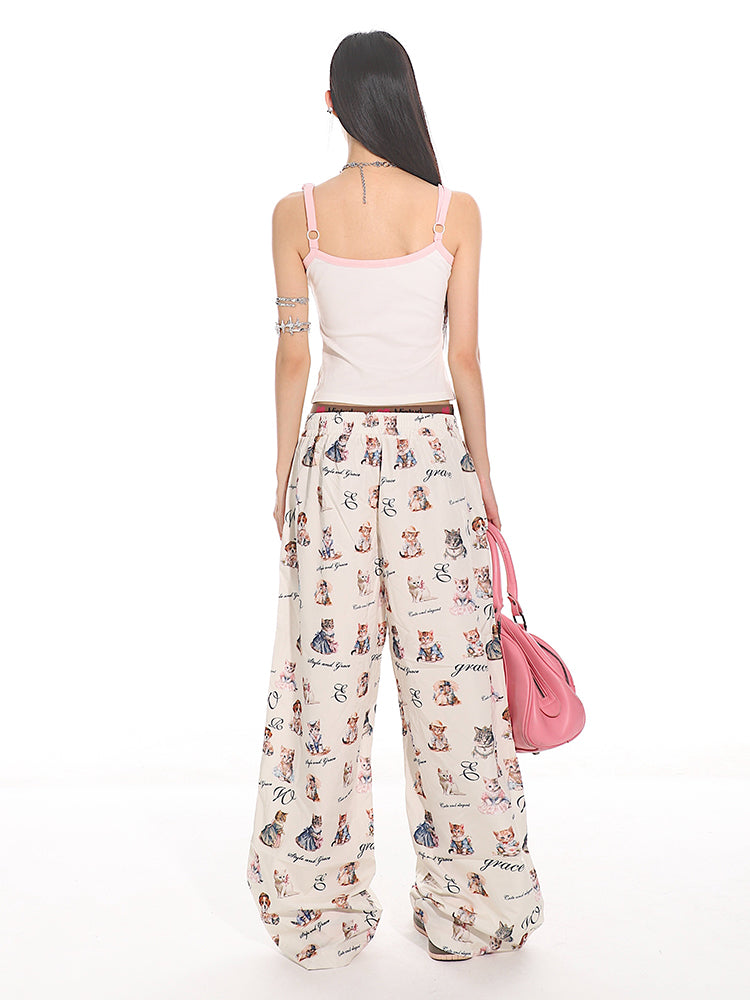 Cat Letter Floral Loose Straight Casual Pants UNC0125