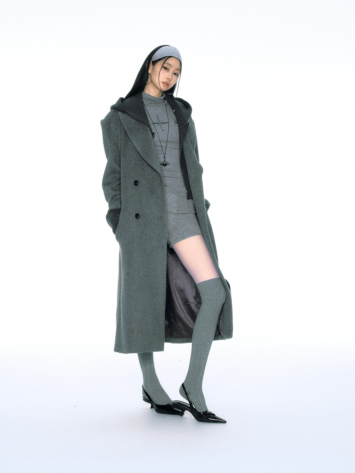 Retro Fake Two-piece Ribbed Splicing Removable Hooded Wool Coat CUR0155