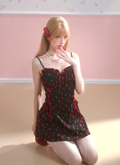 Rose Black Waist Slimming Short Suspender Dress DIA0118