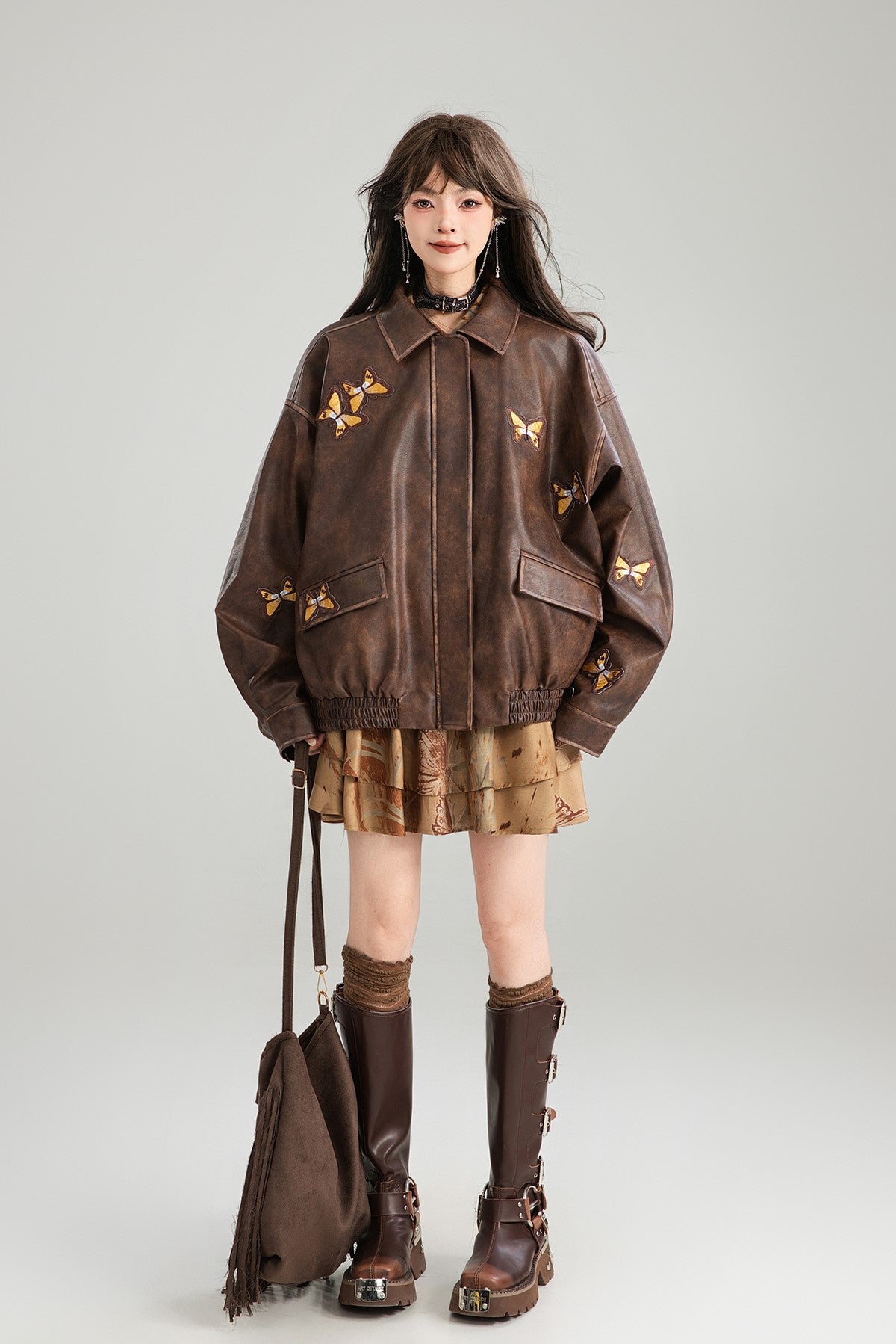 High-grade Brown Long Sleeve Shirt Dress KEI0173