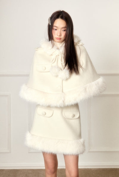 Hooded Fur Collar Woolen  Milk White Cloak Jacket/Skirt LOS0003