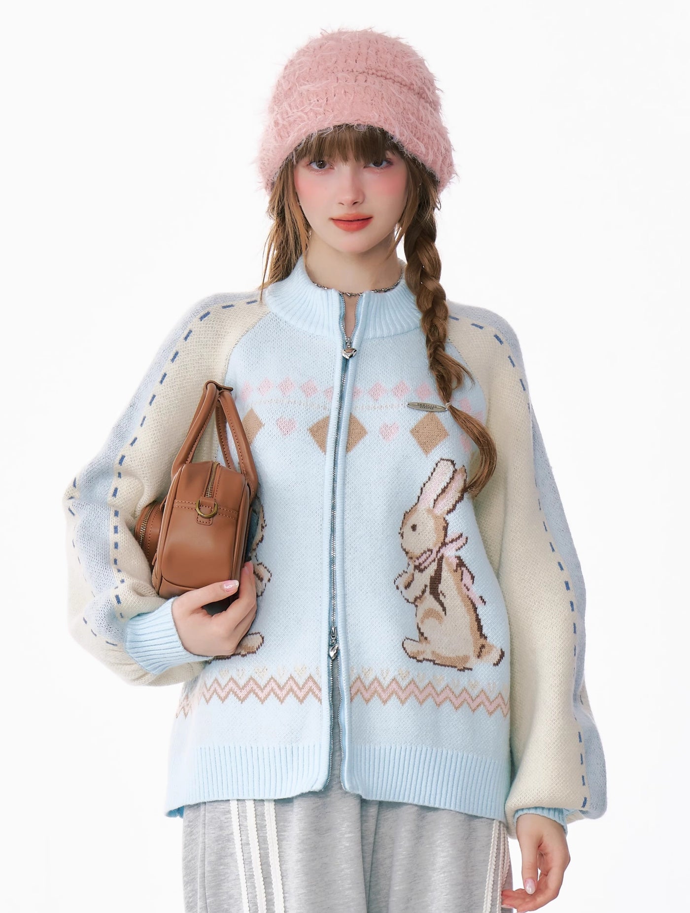 Retro Design Contrast Color Stitching Rabbit Sweater Zipper Cardigan ZIZ0187