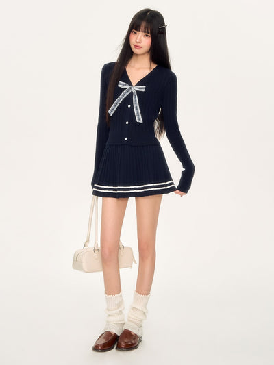 Navy Plaid Bow Top/Knitted Skirt WEE0034