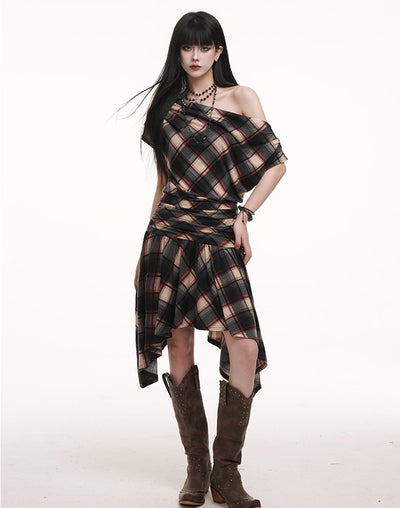 Off-shoulder Plaid Dress LAD0183