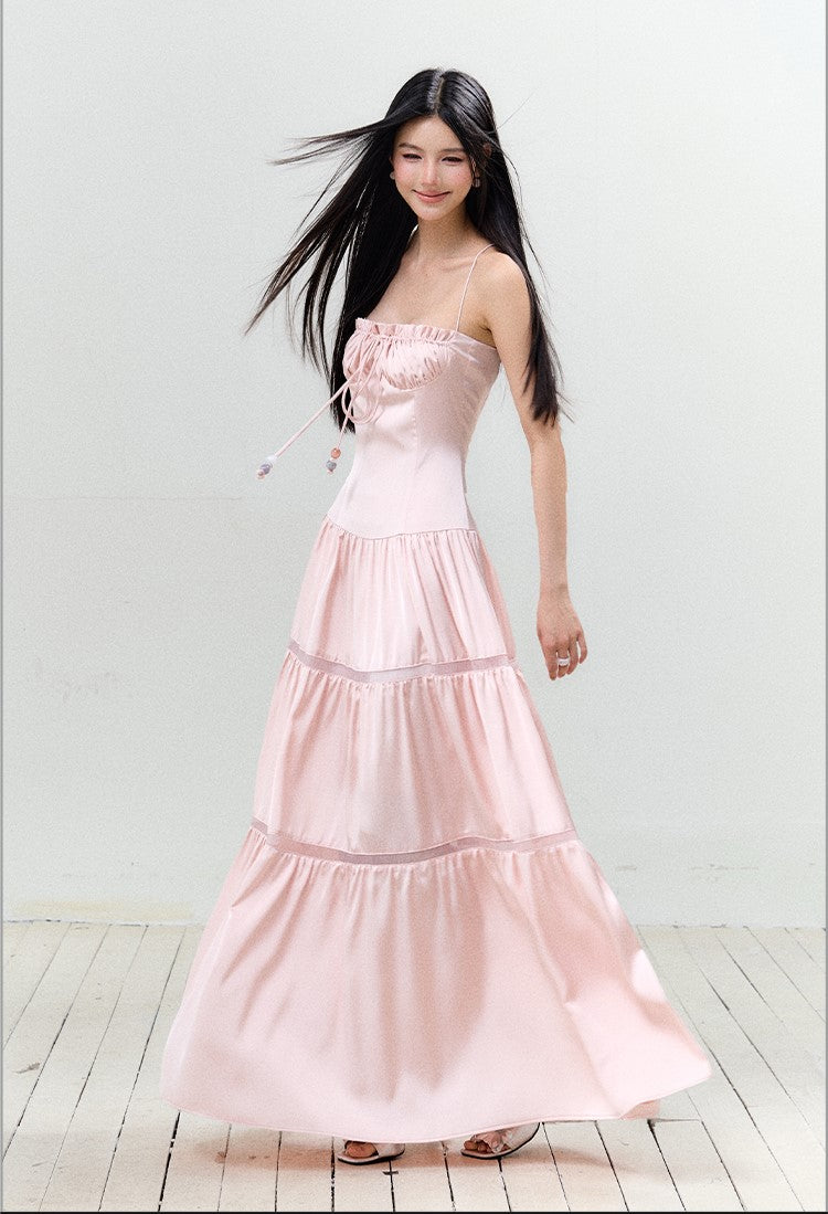 Satin Pleated Lace-up Suspender Dress AGM0150