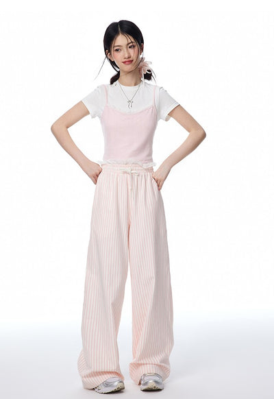 Pink Striped Pleated Lace Waist Casual Pants NTO0112