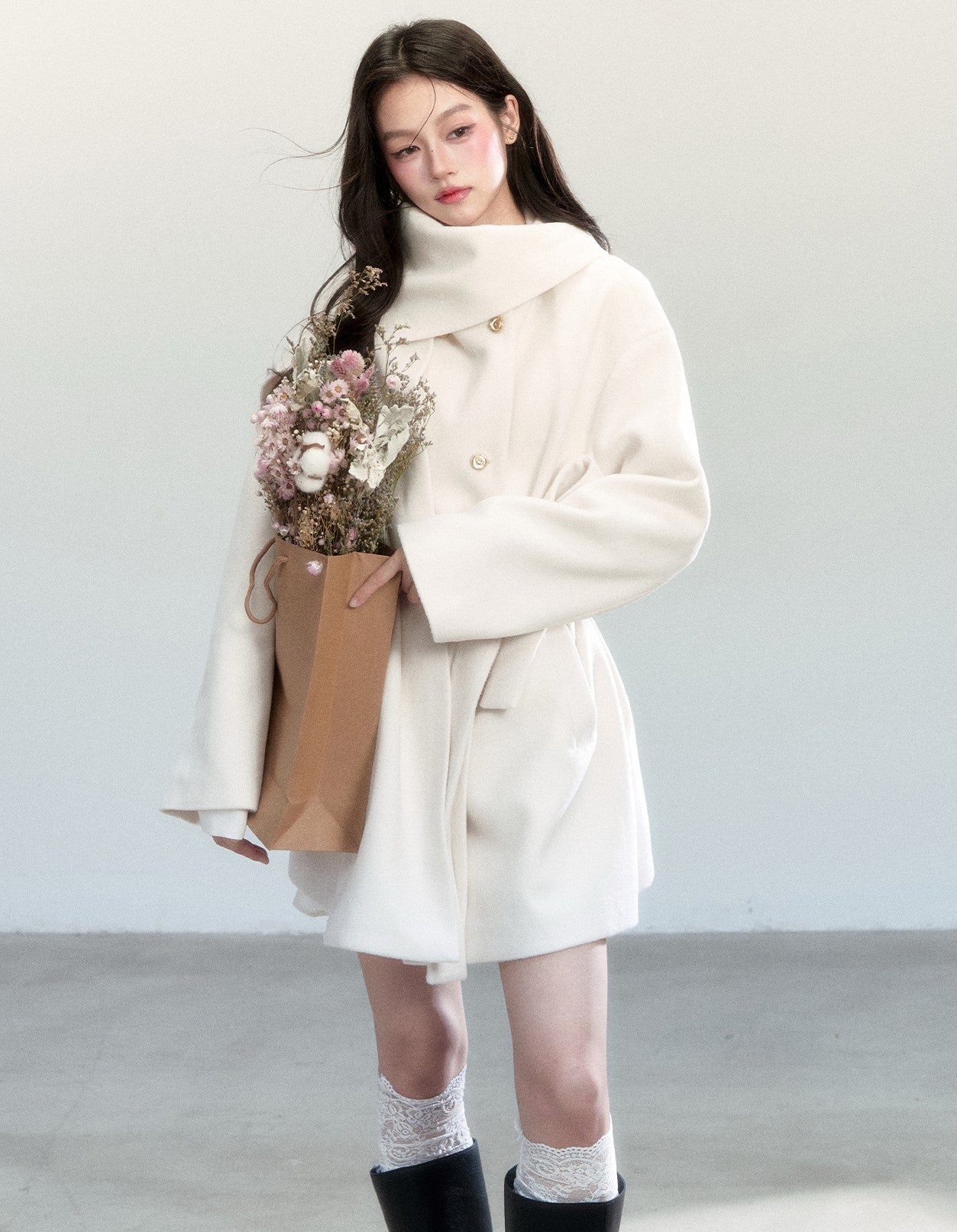 White Lace-up Elegant Scarf+Coat FRA0454