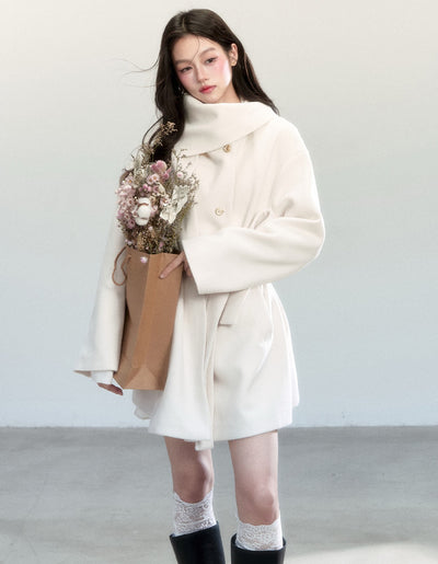 White Lace-up Elegant Scarf+Coat FRA0454