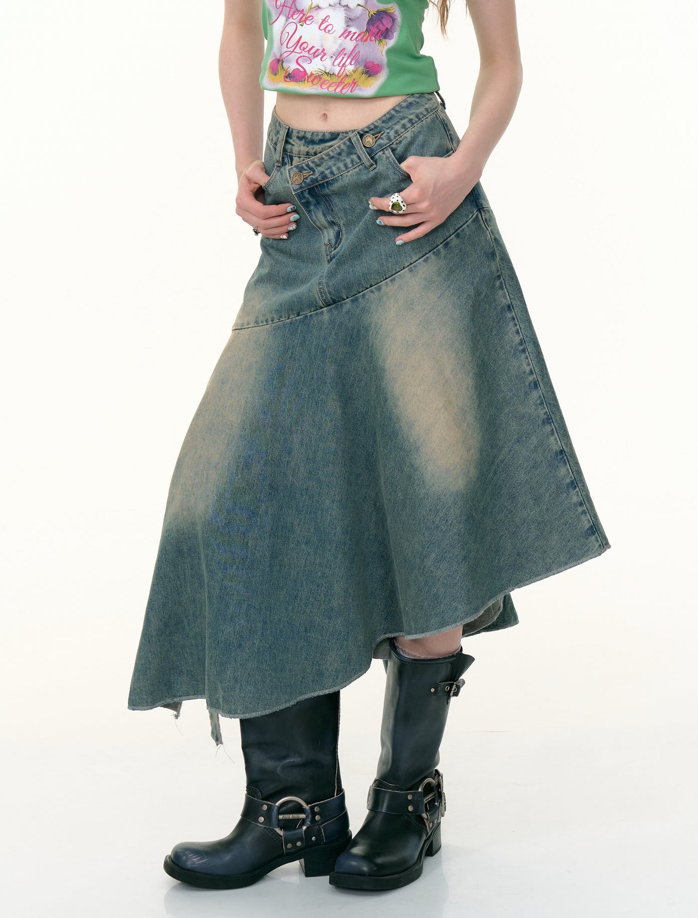 High Waist Irregular Denim Maxi Skirt ZIZ0306