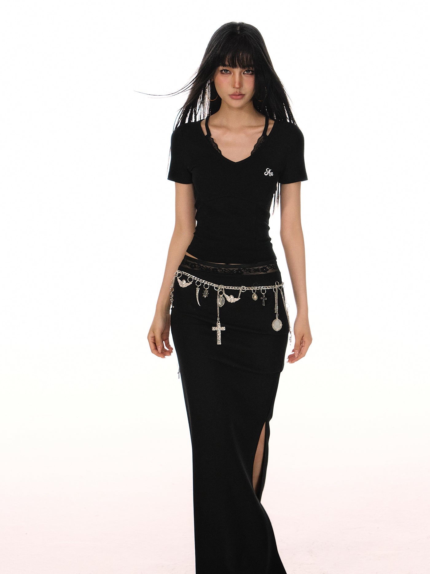 Simple V-neck Fake Two-piece T-shirt ACM0079