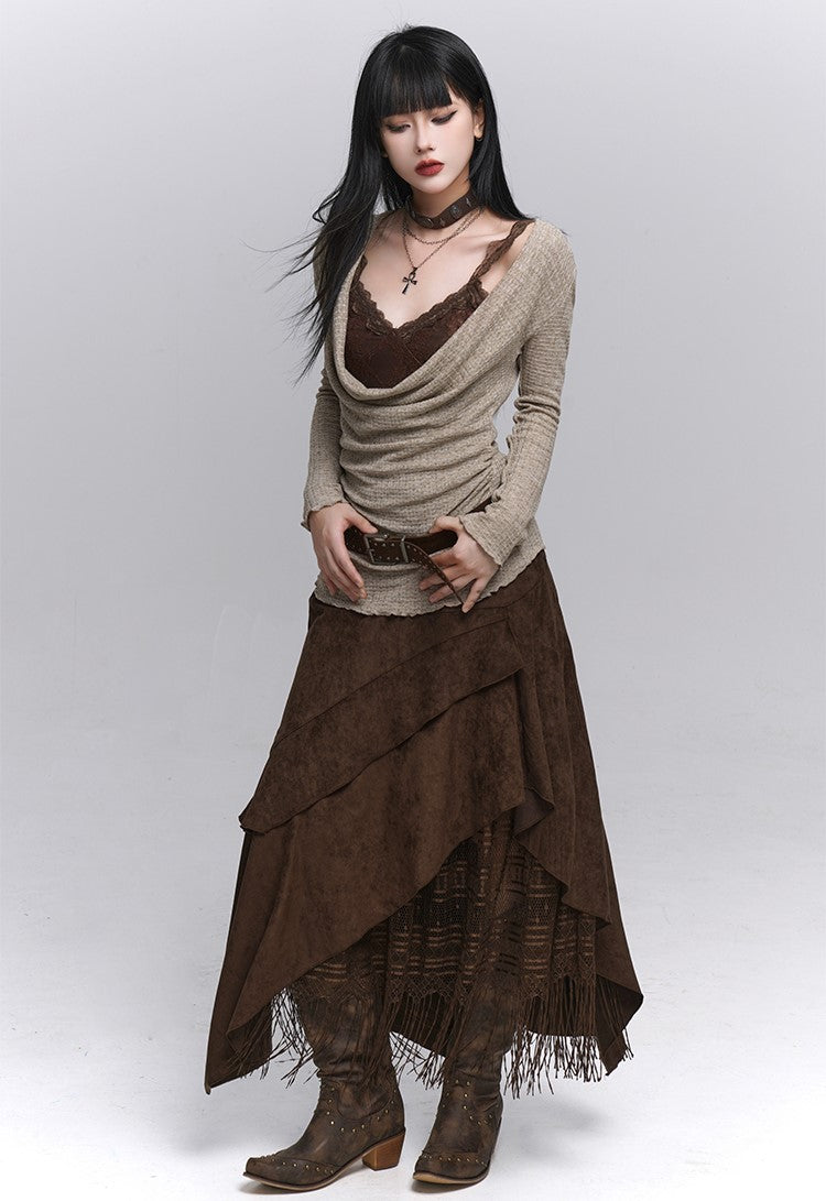 Velvet Brown A-line Cake Midi Skirt LAD0233