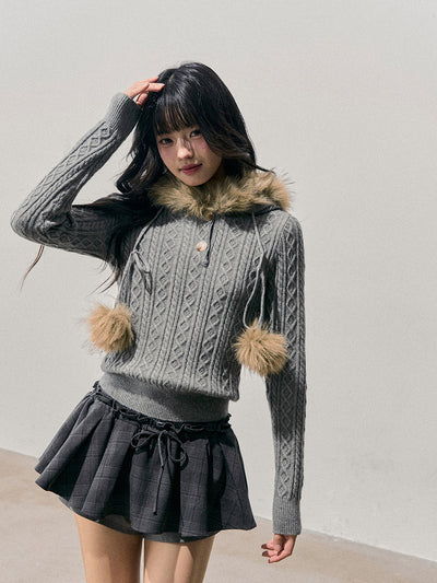 Fur Hooded Cable Knit Sweater DIA0768