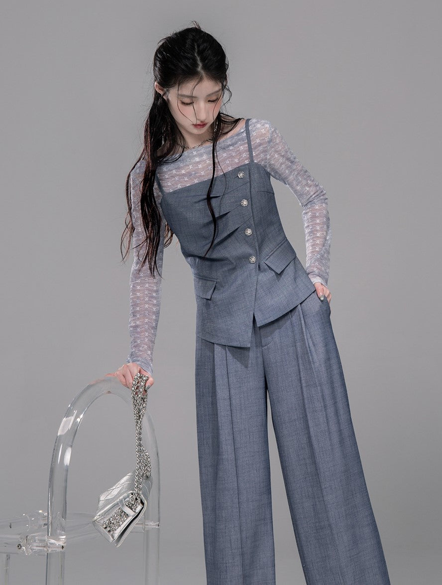 Starry Gray-Blue Camisole+Pants+Tulle Top COT0339