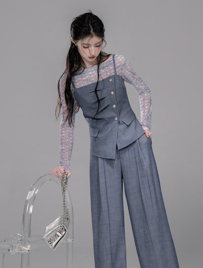 Starry Gray-Blue Camisole+Pants+Tulle Top COT0339
