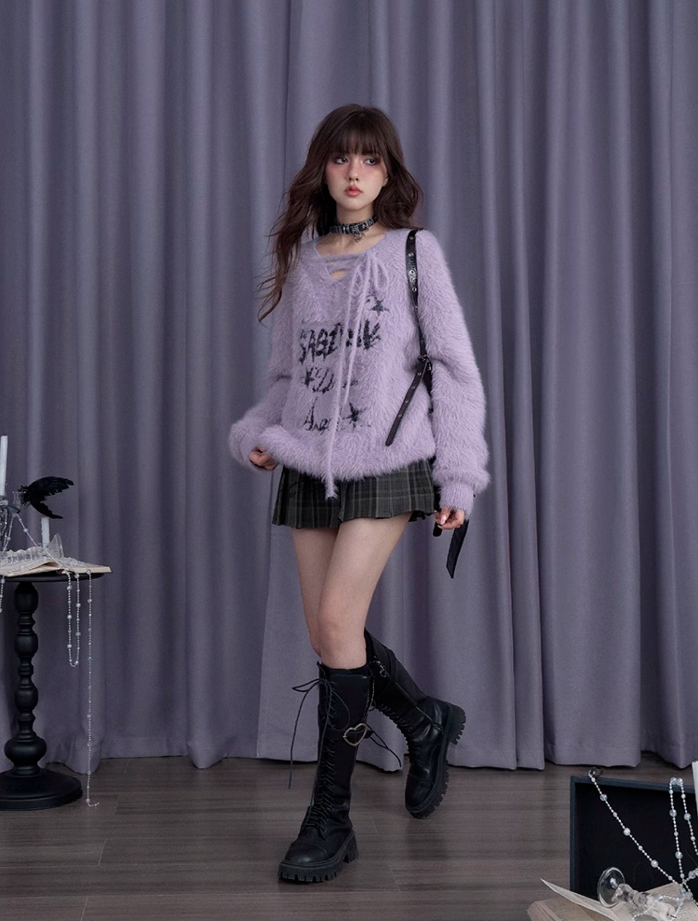 Fluffy Purple Rabbit V-neck Imitation Mink Loose Sweater SAG0198