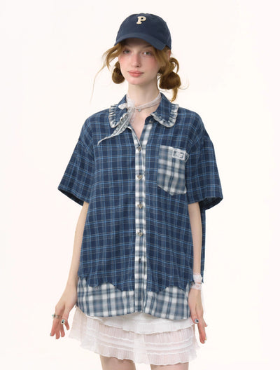 Blue Plaid Splicing Shirt ZIZ0259