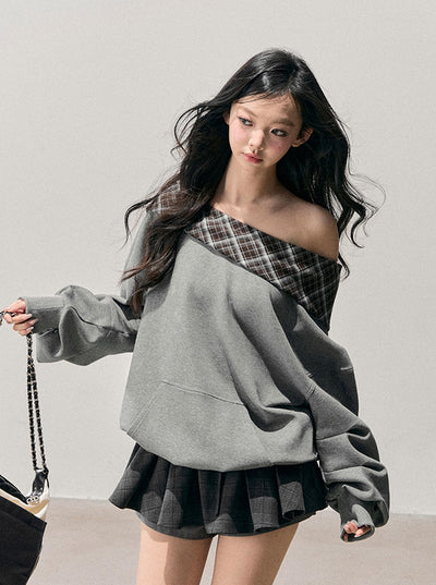 Off-Shoulder Plaid Sweatshirt DIA0765