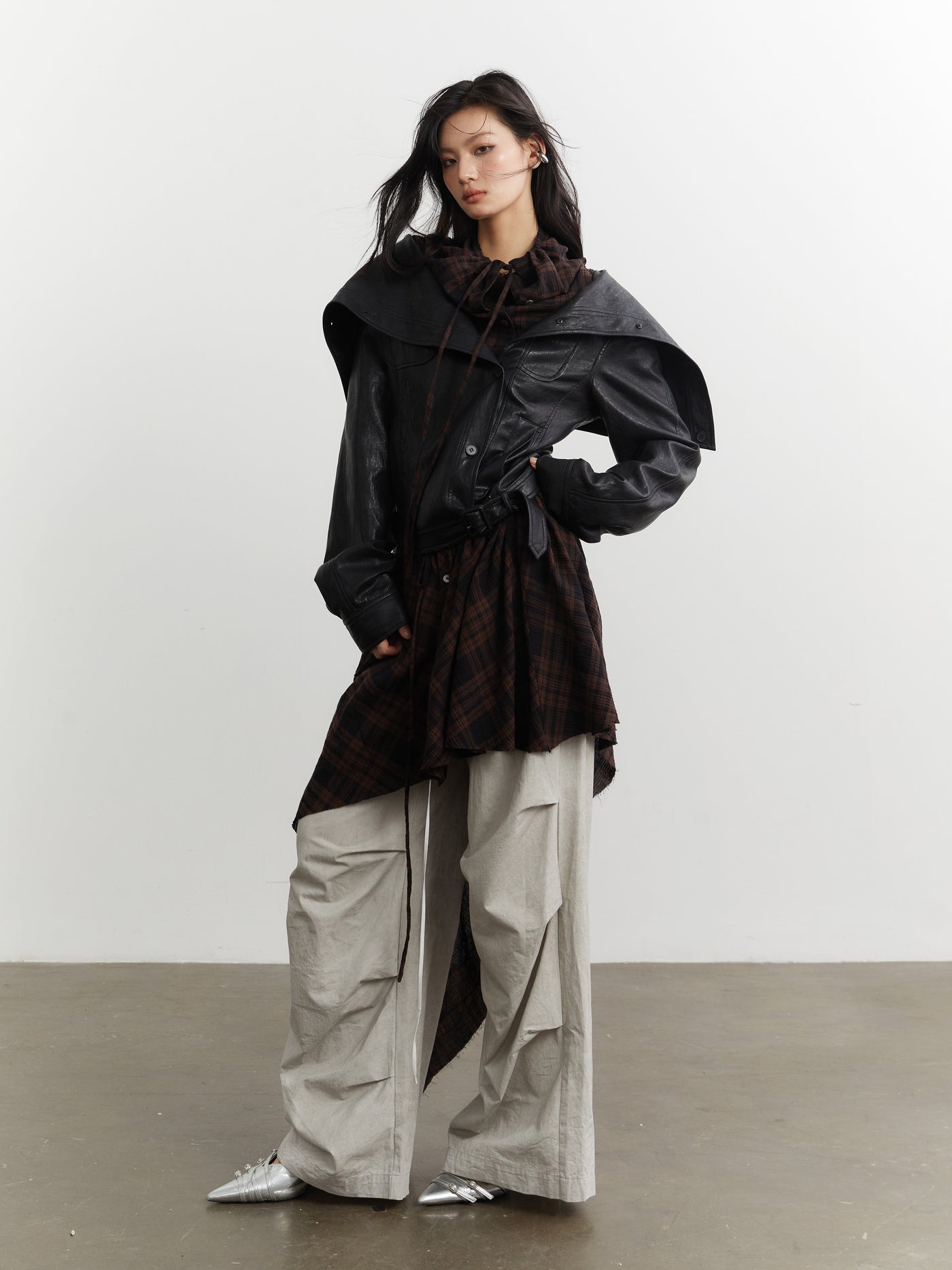 Plaid Stitching Leather Jacket+Skirt JNY0251