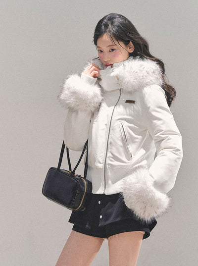 White Fur Hooded Down Jacket DIA0714