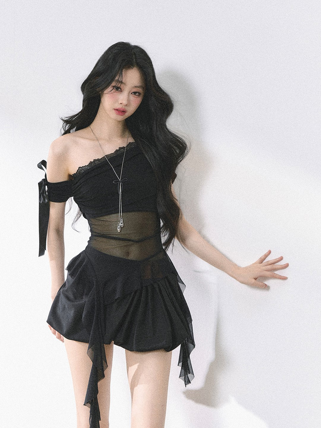 Oblique Shoulder Mesh T-shirt DIA0476