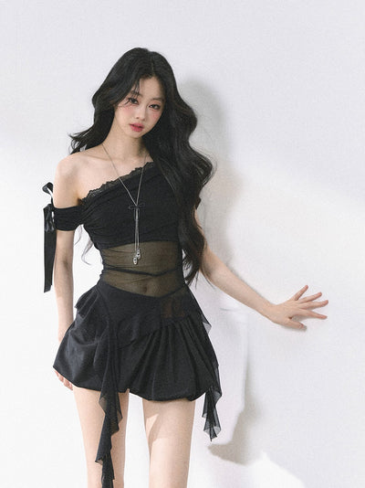 Oblique Shoulder Mesh T-shirt DIA0476