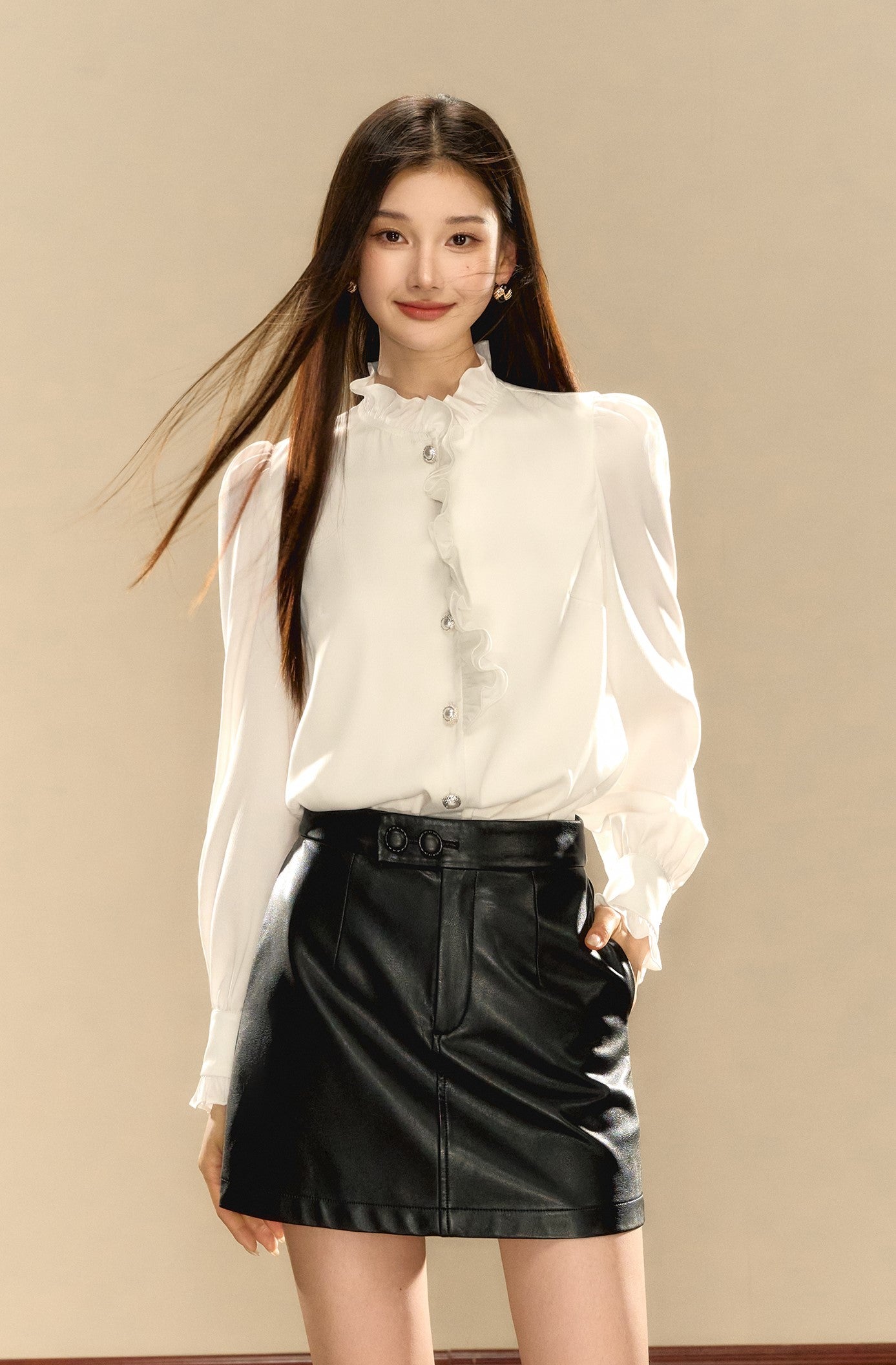 All-match Black Leather High Waist Slim A-line Short Skirt OSH0082