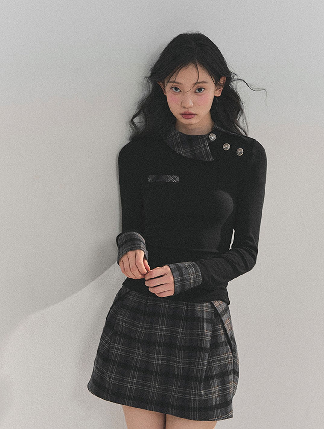 Black Plaid Collar Top/Plaid Short Skirt DIA0757
